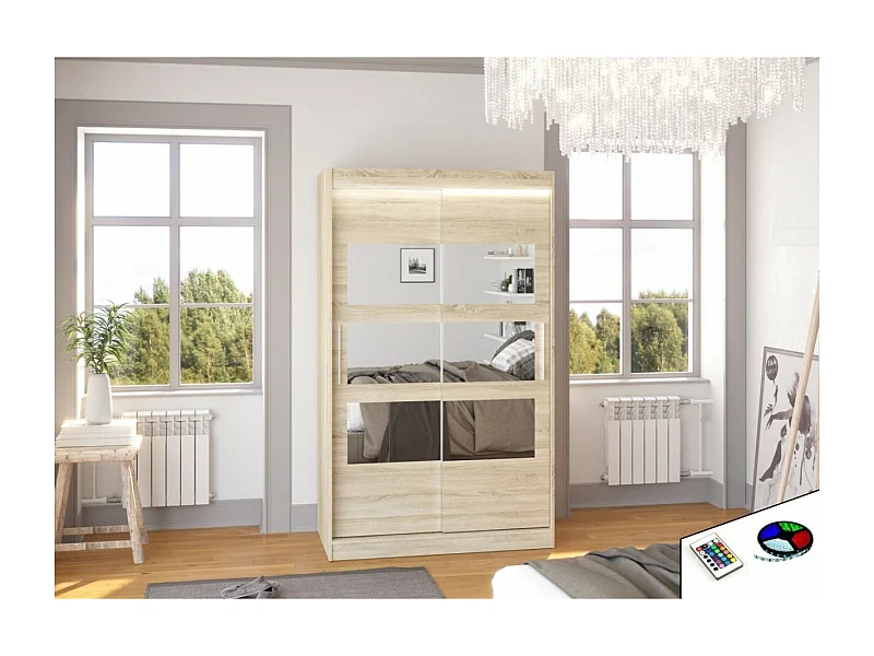 Kleiderschrank Solvado (120cm)/Schiebetüren/Spiegel/LED/Sonoma