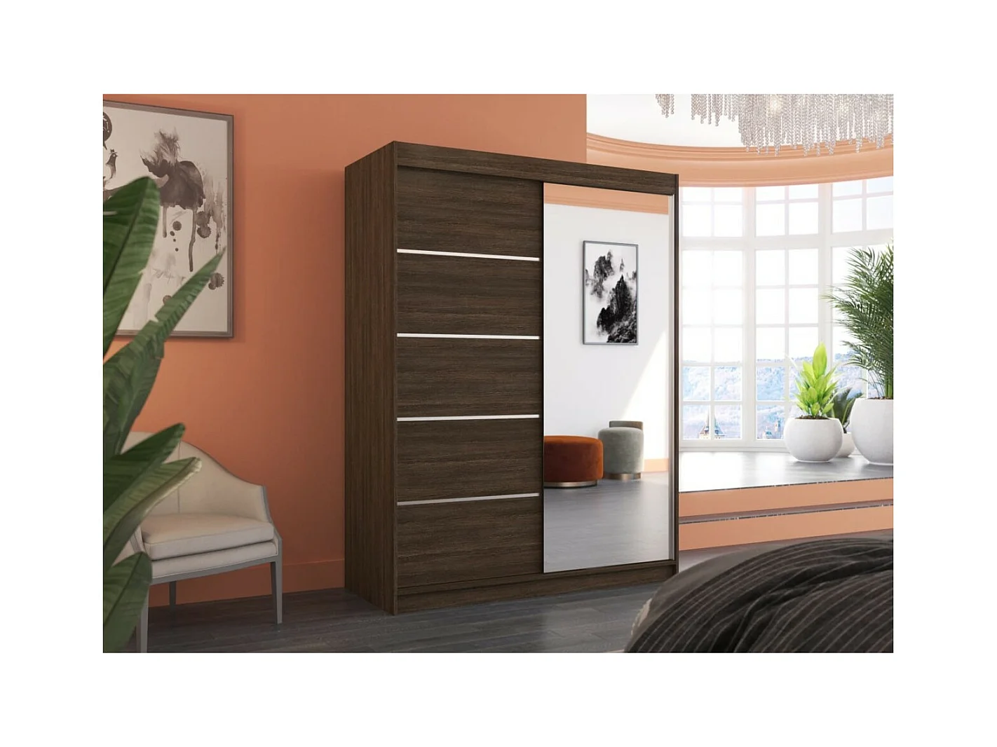 Armoire Zimbo (150cm)/portes coulissantes/miroir/Marron