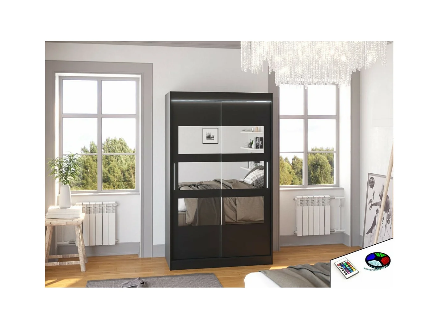 Armoire Solvado (120cm)/portes coulissantes/miroir/LED/Noir