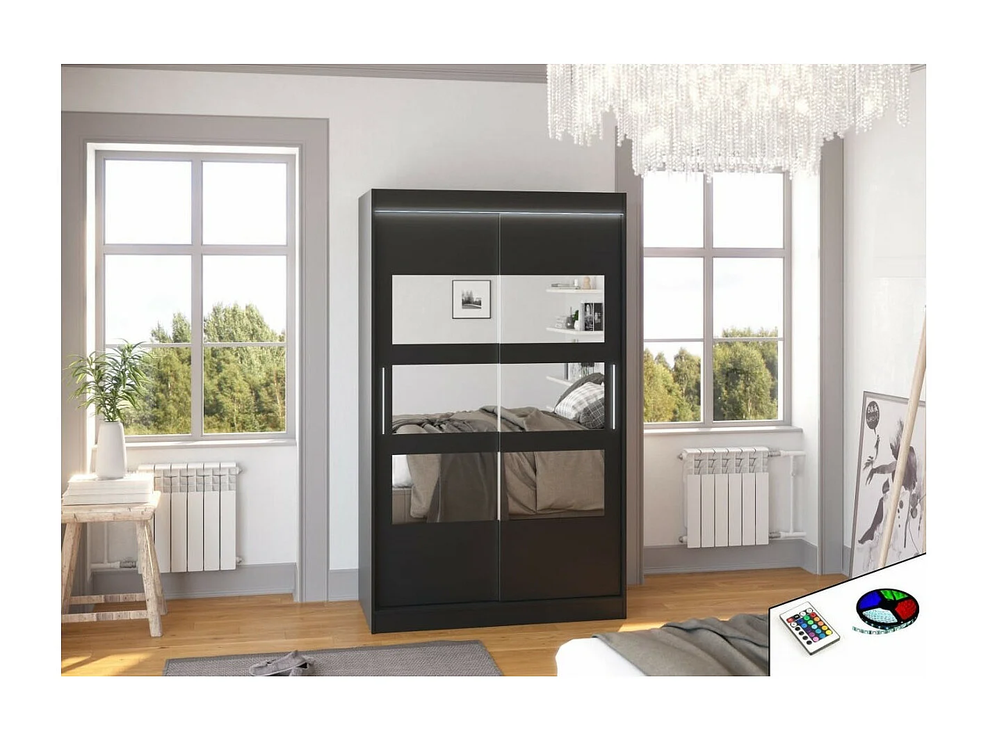 Kleiderschrank Solvado (120cm)/Schiebetüren/Spiegel/LED/Schwarz