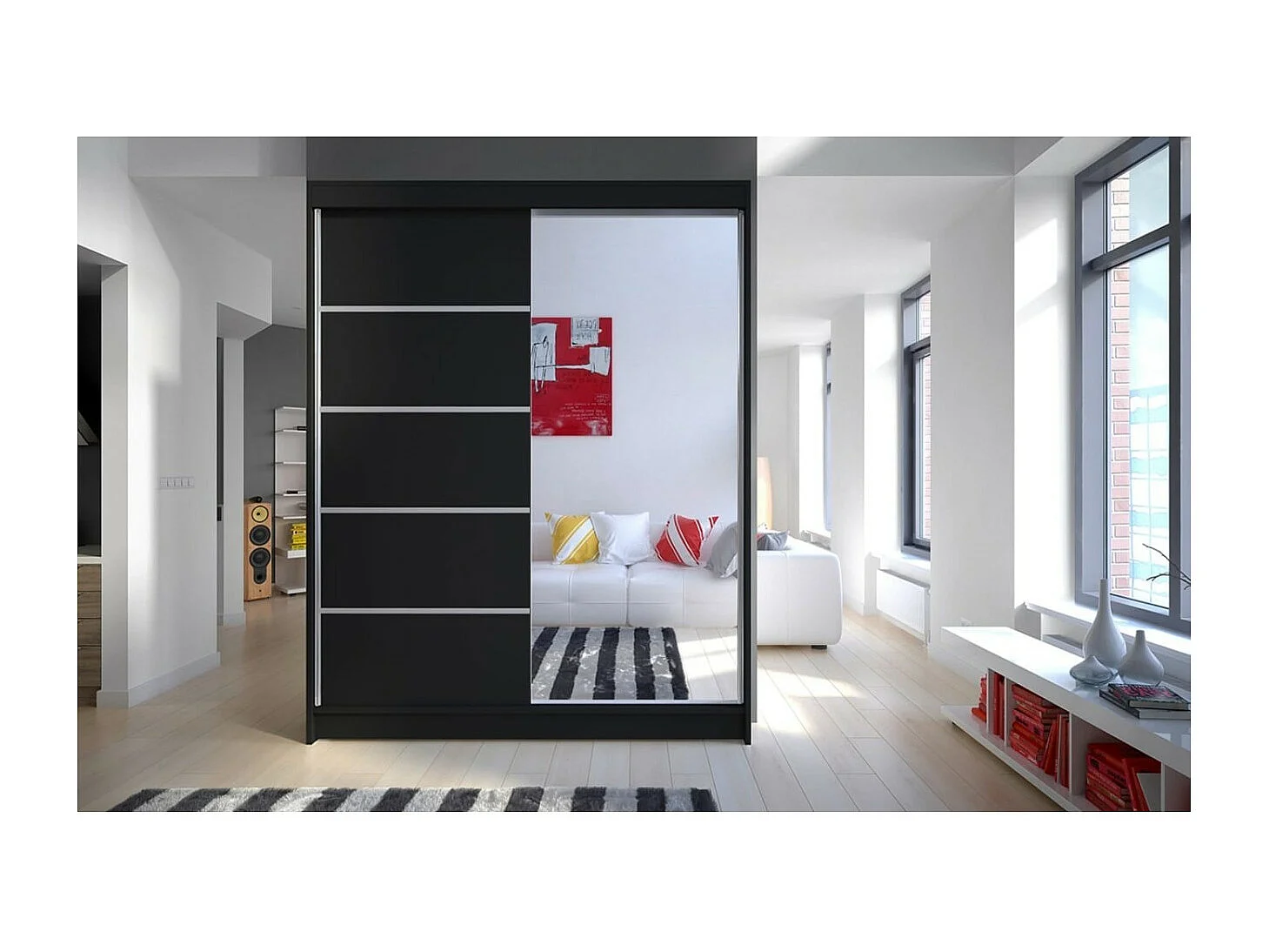 Armoire Zimbo (150cm)/portes coulissantes/miroir/Noir