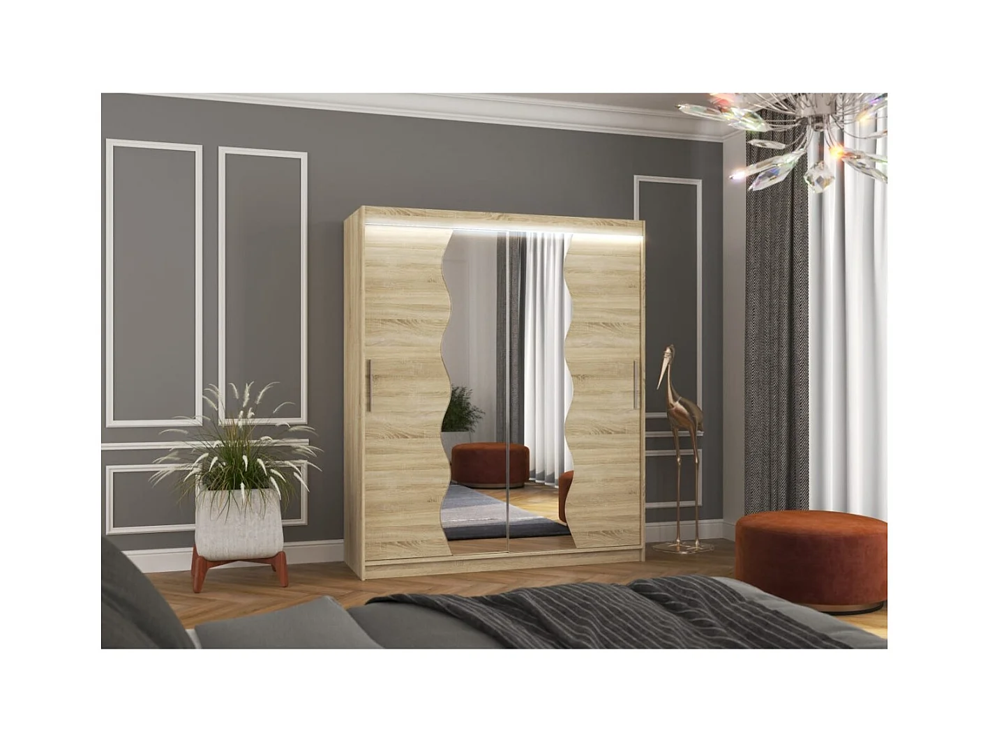 Kleiderschrank Tansas (180cm)/Schiebetüren/Spiegel/LED/Sonoma