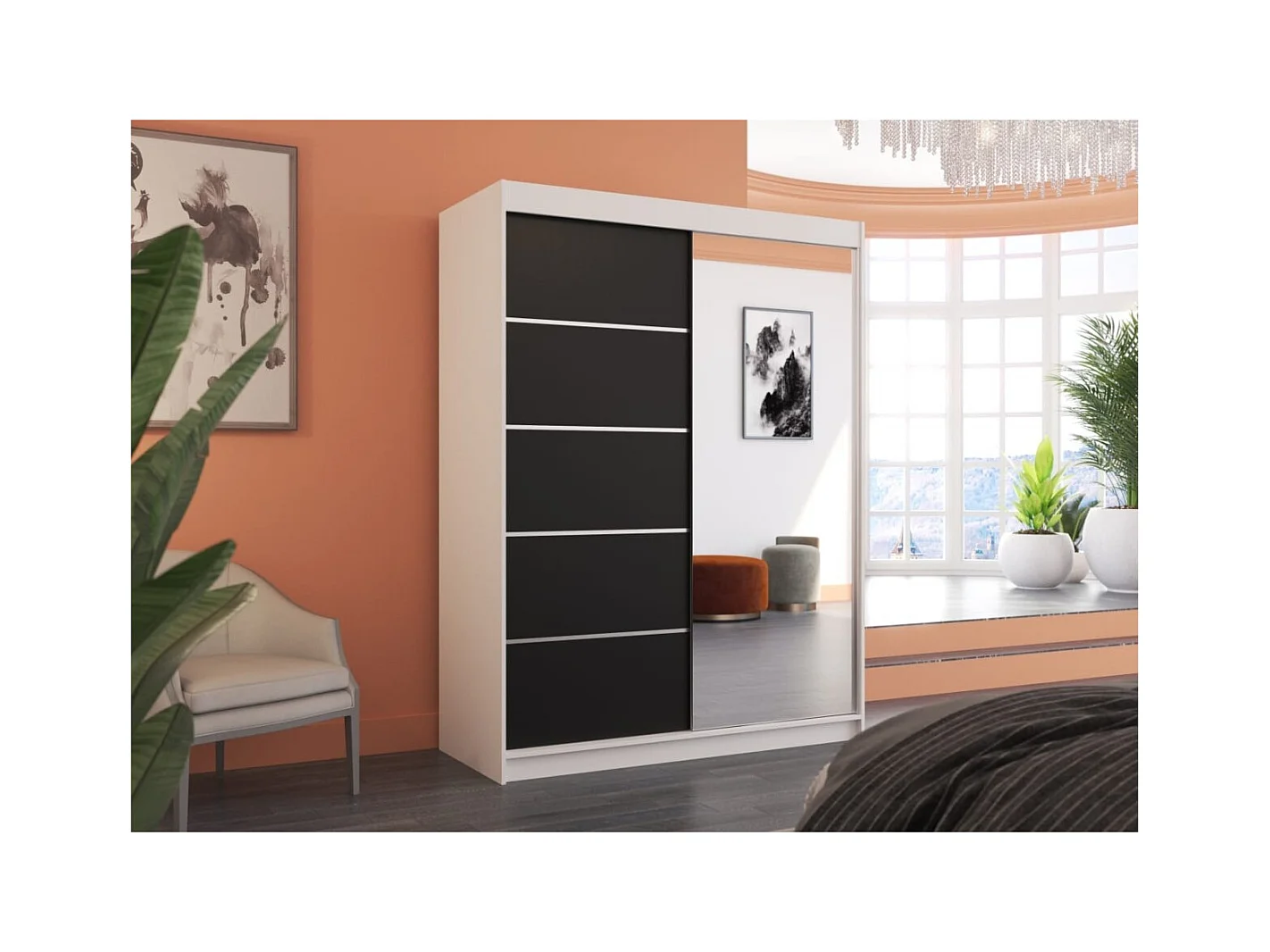 Armoire Zimbo (150cm)/portes coulissantes/miroir/Noir&Blanc