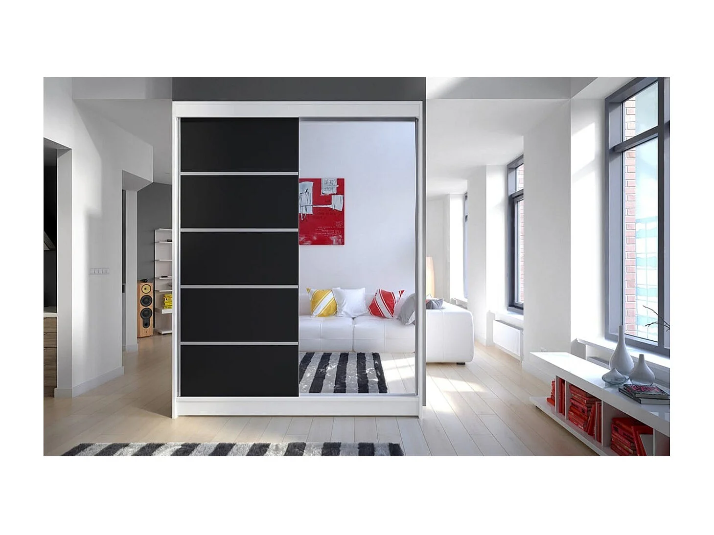 Armoire Zimbo (150cm)/portes coulissantes/miroir/Noir&Blanc