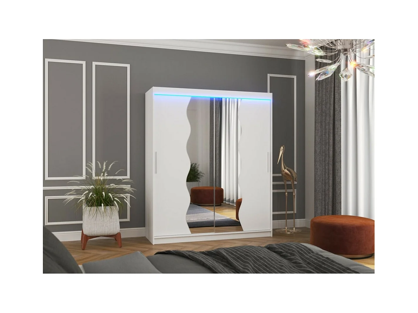 Kleiderschrank Tansas (180cm)/Schiebetüren/Spiegel/LED/Weiss