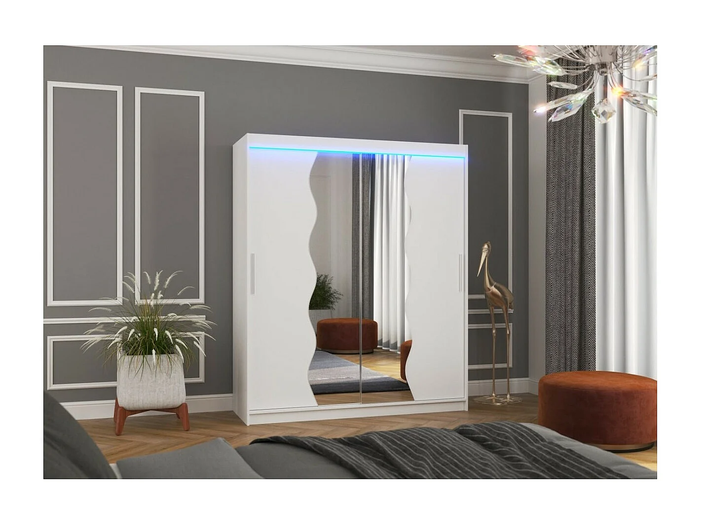 Kleiderschrank Tansas (180cm)/Schiebetüren/Spiegel/LED/Weiss