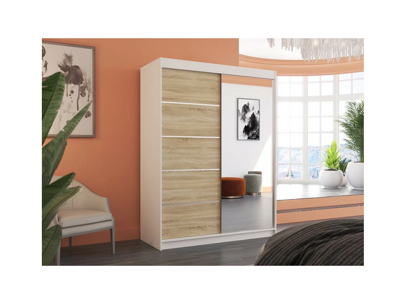 Armoire Zimbo (150cm)/portes coulissantes/miroir/Blanc&Sonoma