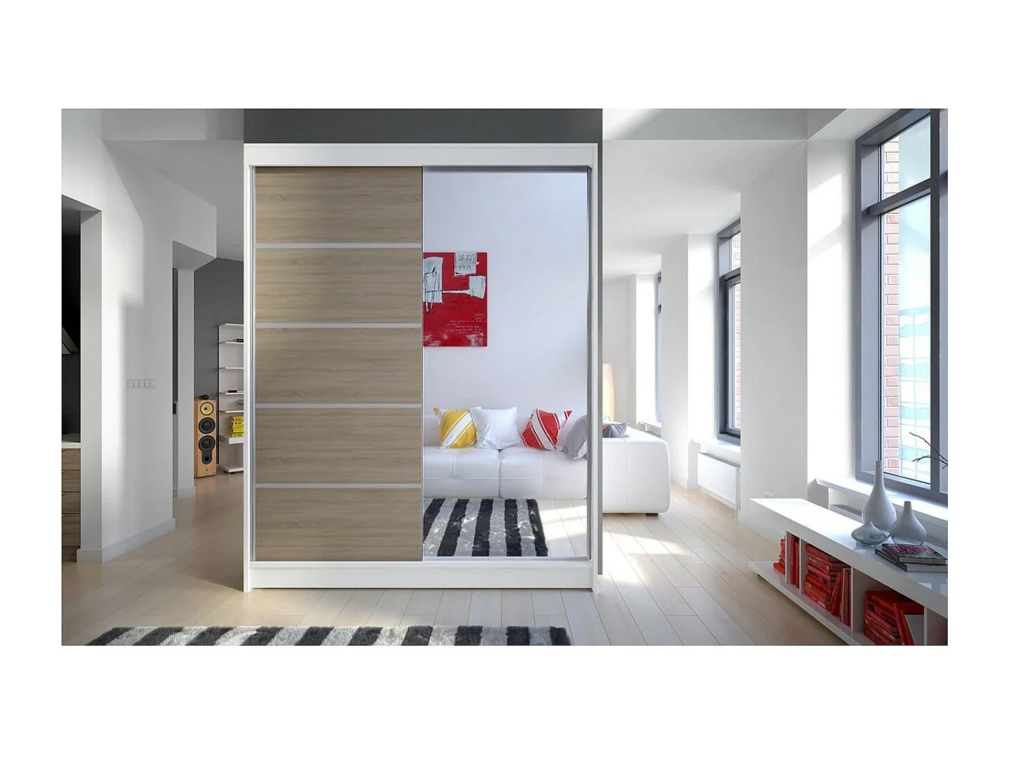 Armoire Zimbo (150cm)/portes coulissantes/miroir/Blanc&Sonoma