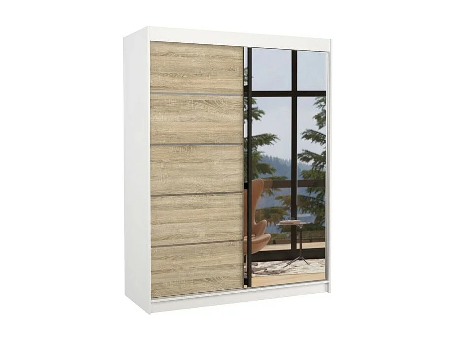 Armoire Zimbo (150cm)/portes coulissantes/miroir/Blanc&Sonoma