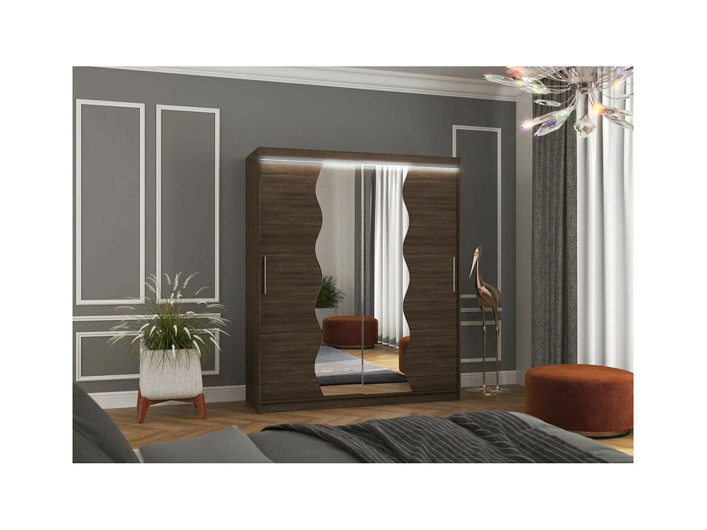 Kleiderschrank Tansas (180cm)/Schiebetüren/Spiegel/LED/Braun