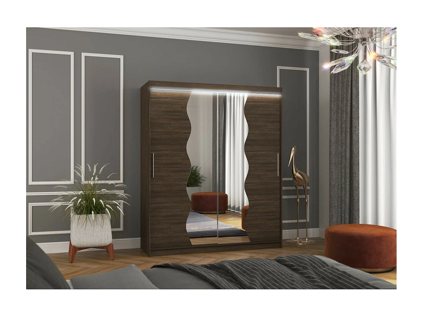 Kleiderschrank Tansas (180cm)/Schiebetüren/Spiegel/LED/Braun