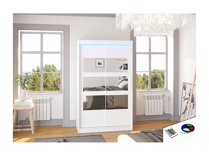 Armoire Solvado (120cm)/portes coulissantes/miroir/LED/Blanc