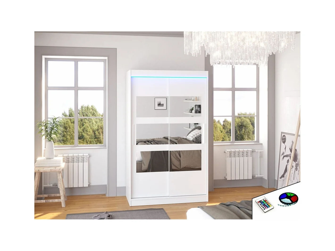 Armoire Solvado (120cm)/portes coulissantes/miroir/LED/Blanc