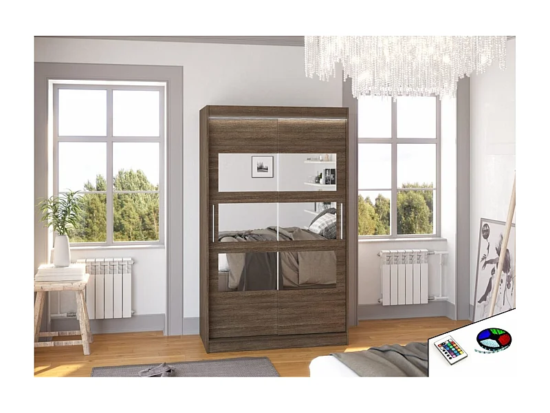 Armoire Solvado (120cm)/portes coulissantes/miroir/LED/Marron