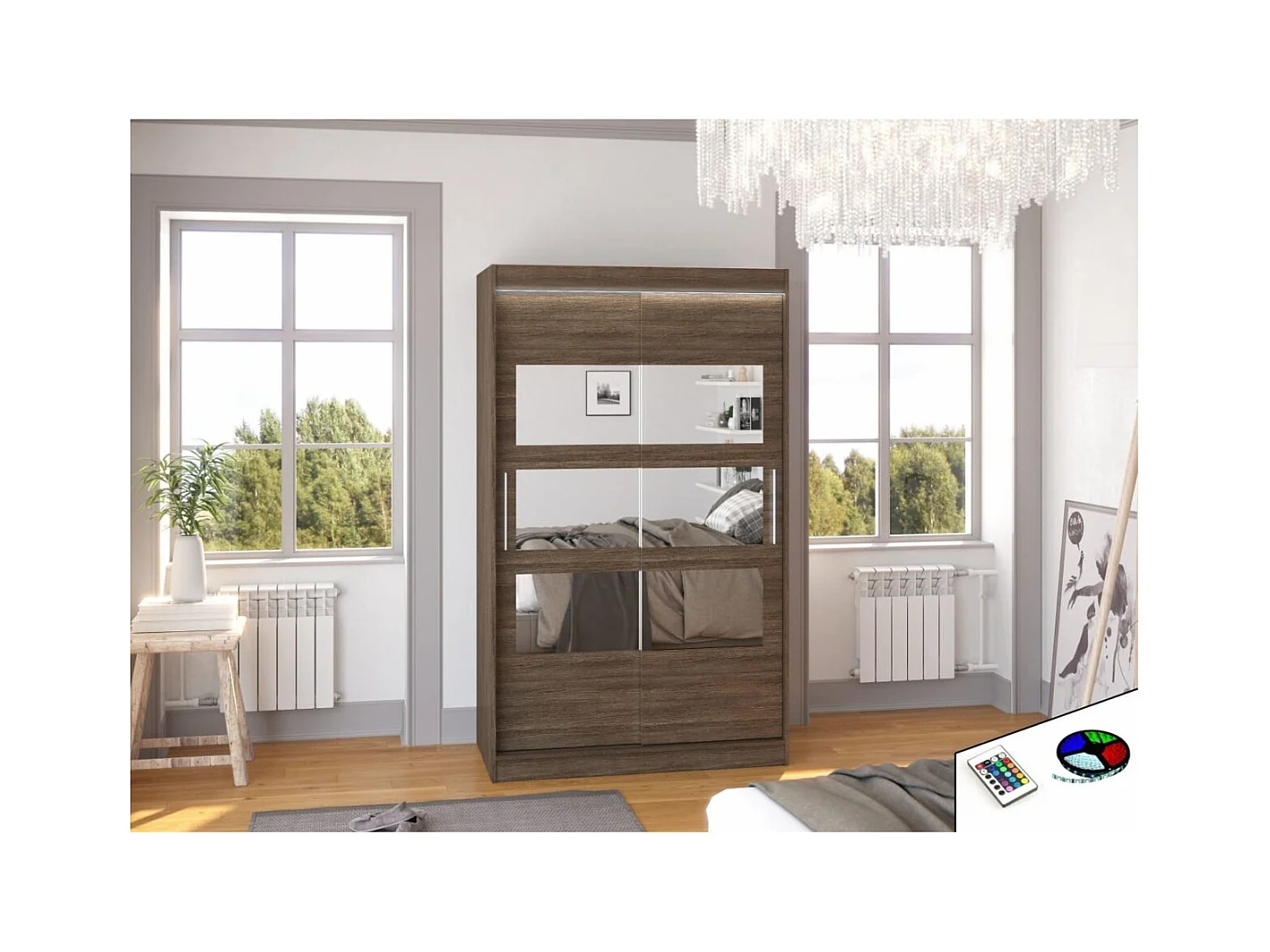 Armoire Solvado (120cm)/portes coulissantes/miroir/LED/Marron