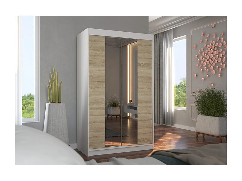 Armadio Darvin (120cm)/ante scorrevoli/specchio/Bianco&Sonoma