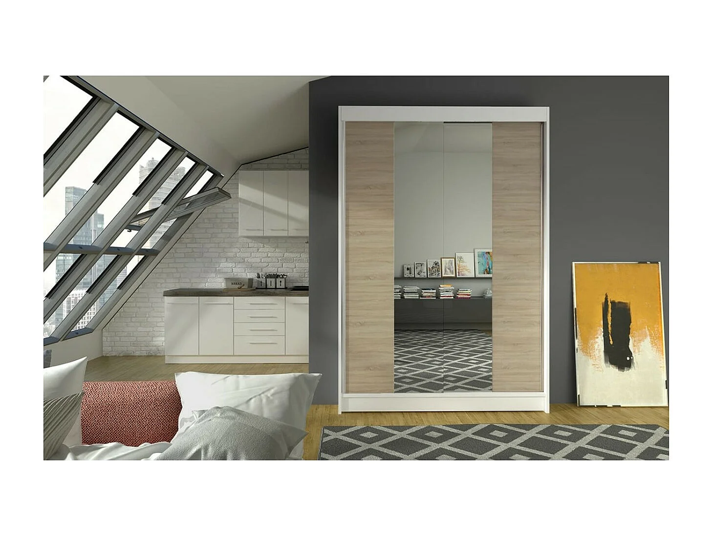 Kleiderschrank Darvin (120cm)/Schiebetüren/Spiegel/Weiss&Sonoma