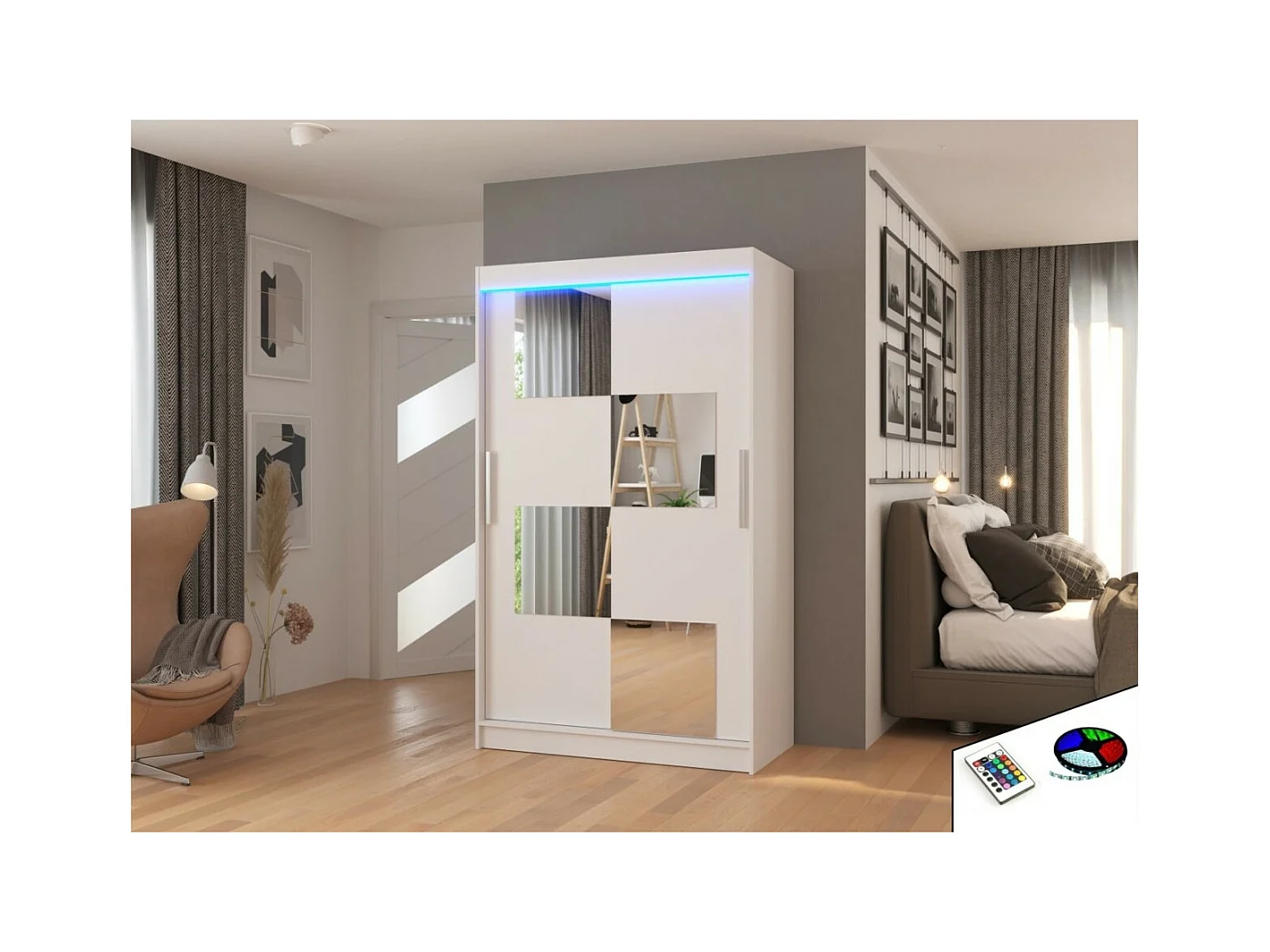 Armoire Lorano (120cm)/portes coulissantes/miroir/LED/Blanc