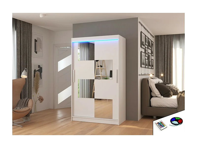 Kleiderschrank Lorano (120cm)/Schiebetüren/Spiegel/LED/Weiss