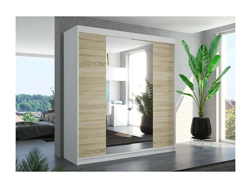 Armoire Pera (200cm)/portes coulissantes/miroir/Blanc&Sonoma