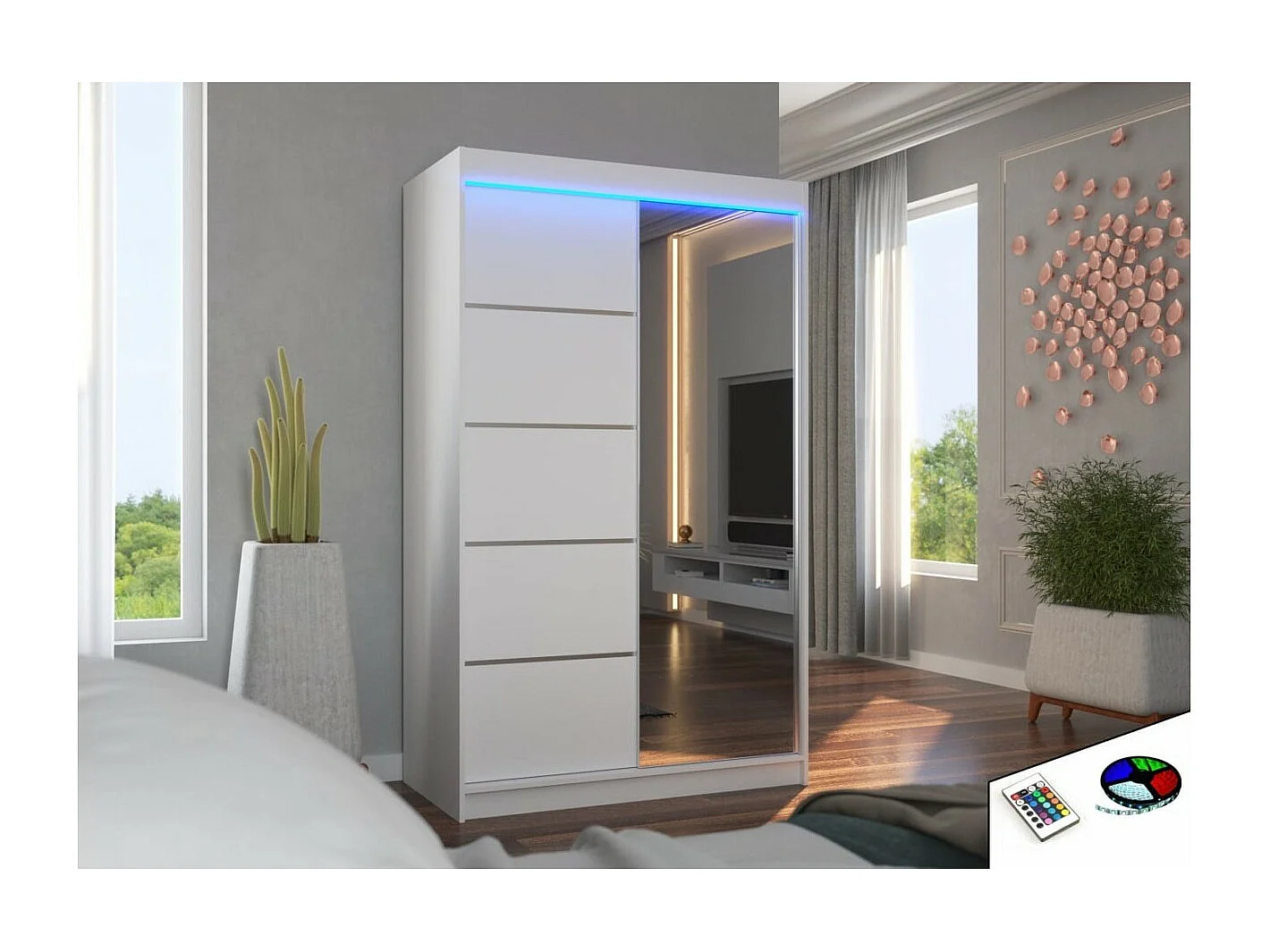 Armoire Lamma (120cm)/portes coulissantes/LED/miroir/Blanc