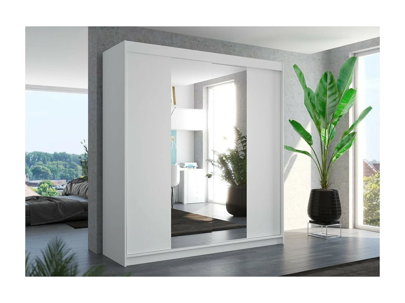 Kleiderschrank Pera(200cm)/Schiebetüren/Spiegel/Weiss