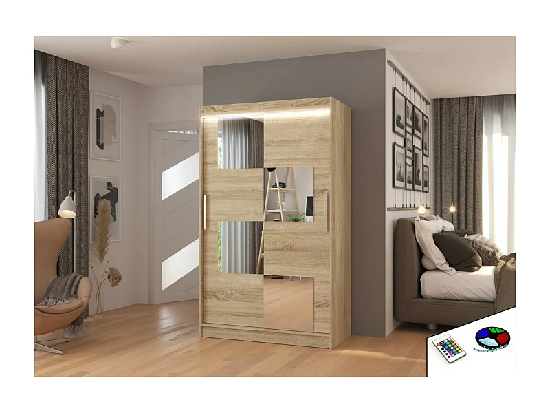 Armoire Lorano (120cm)/portes coulissantes/miroir/LED/Sonoma