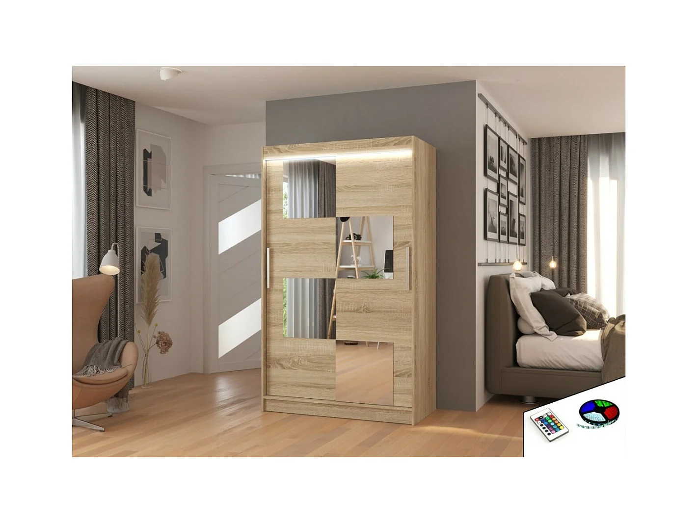 Armoire Lorano (120cm)/portes coulissantes/miroir/LED/Sonoma