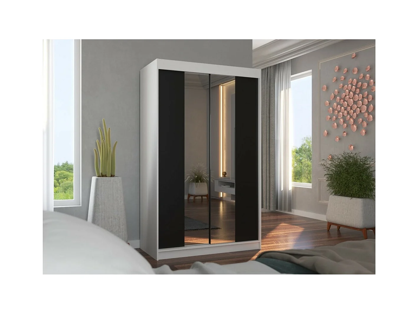 Armoire Darvin (120cm)/portes coulissantes/miroir/Noir&Blanc