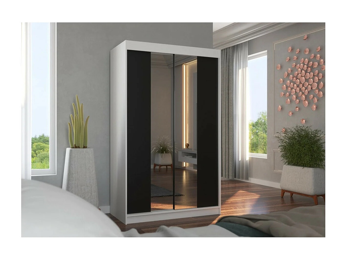 Armoire Darvin (120cm)/portes coulissantes/miroir/Noir&Blanc