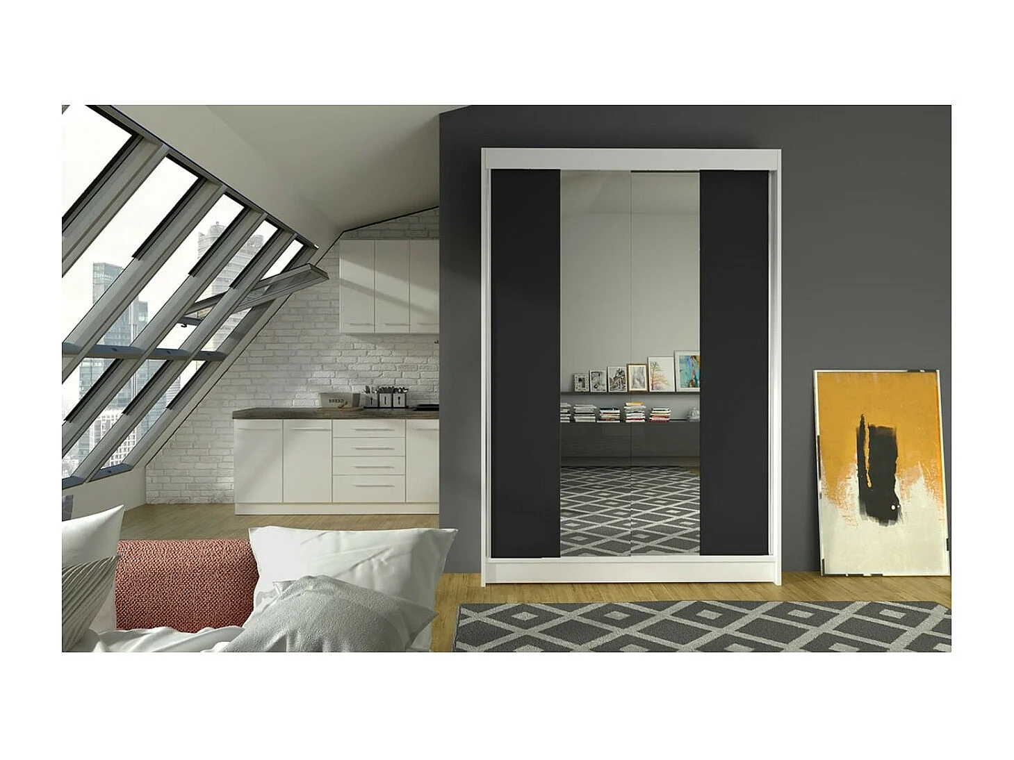 Armoire Darvin (120cm)/portes coulissantes/miroir/Noir&Blanc