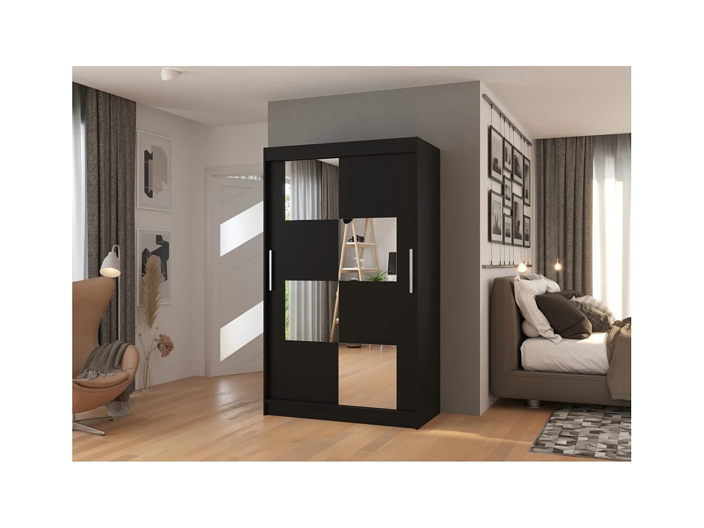 Kleiderschrank Lorano (120cm)/Schiebetüren/Spiegel/Schwarz