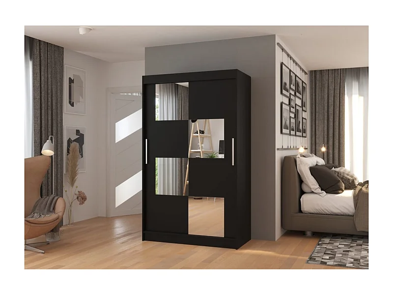 Kleiderschrank Lorano (120cm)/Schiebetüren/Spiegel/Schwarz