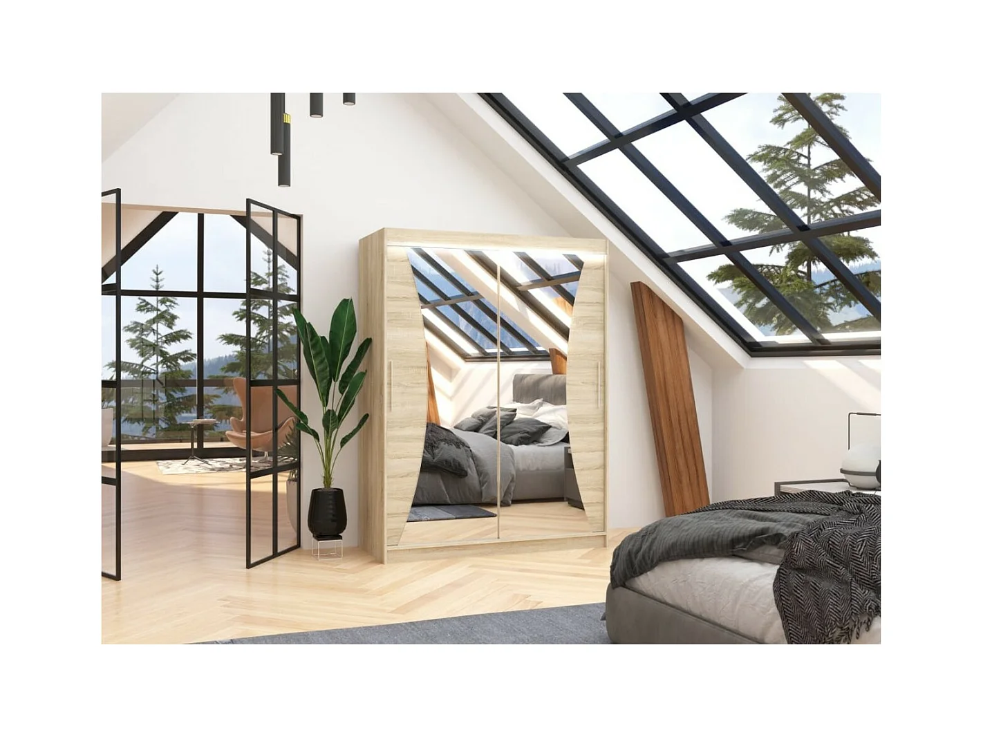 Armadio Matt (150cm)/Ante scorrevoli/Specchio/LED/Sonoma