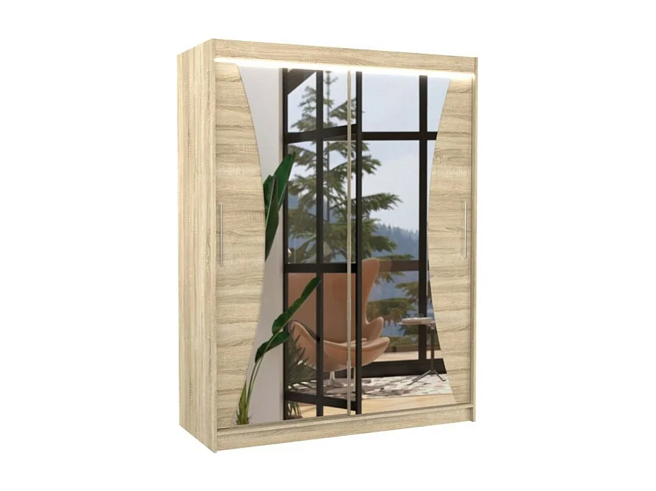 Kleiderschrank Matt (150cm)/Schiebetüren/Spiegel/LED/Sonoma