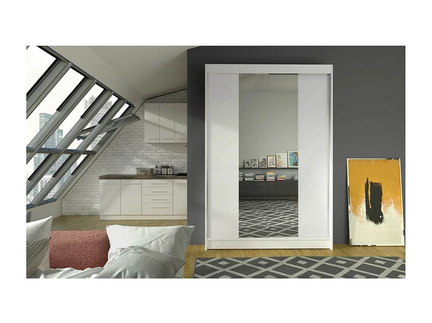 Armadio Darvin (120cm)/ante scorrevoli/specchio/Bianco