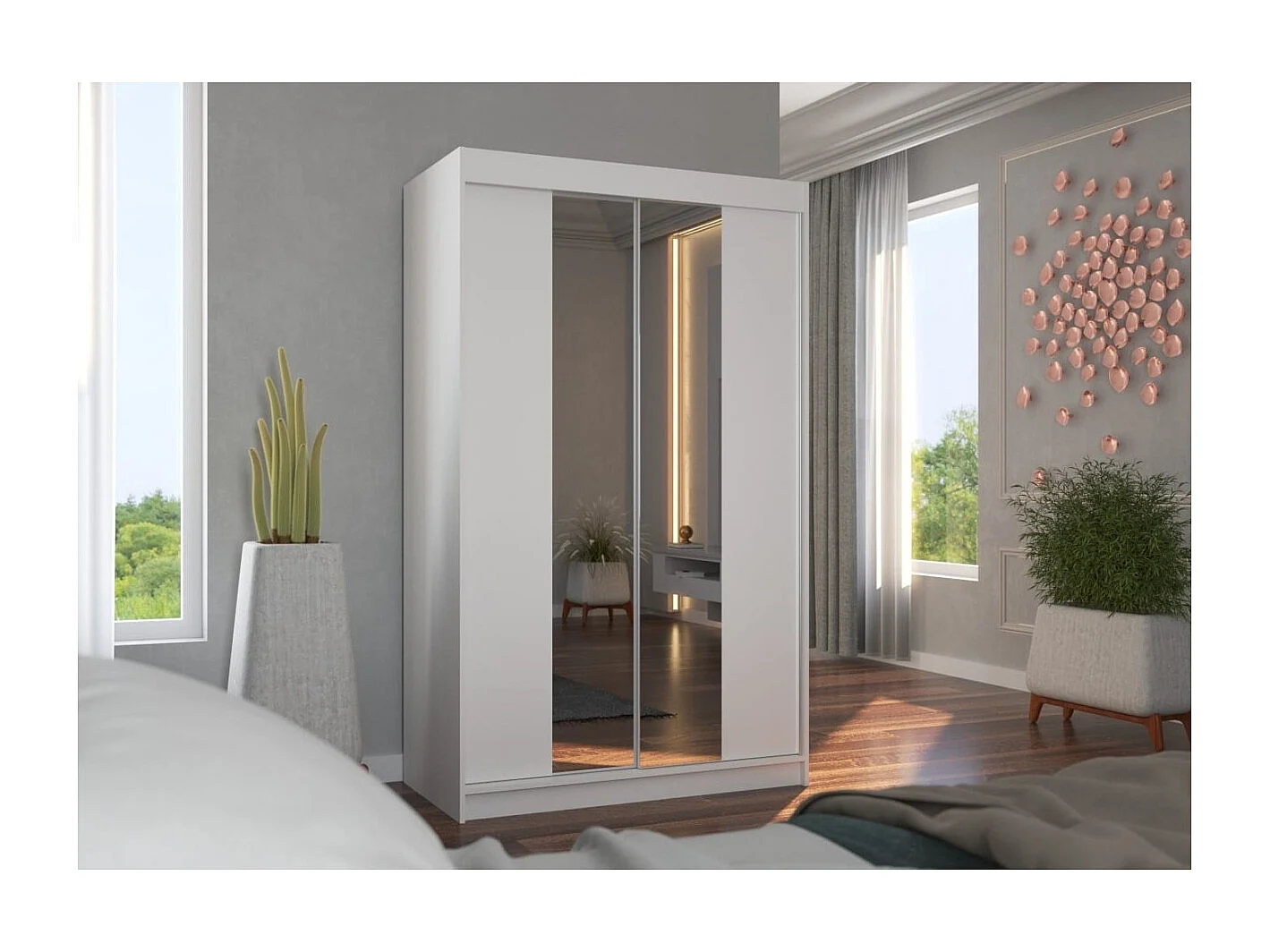 Kleiderschrank Darvin (120cm)/Schiebetüren/Spiegel/Weiss