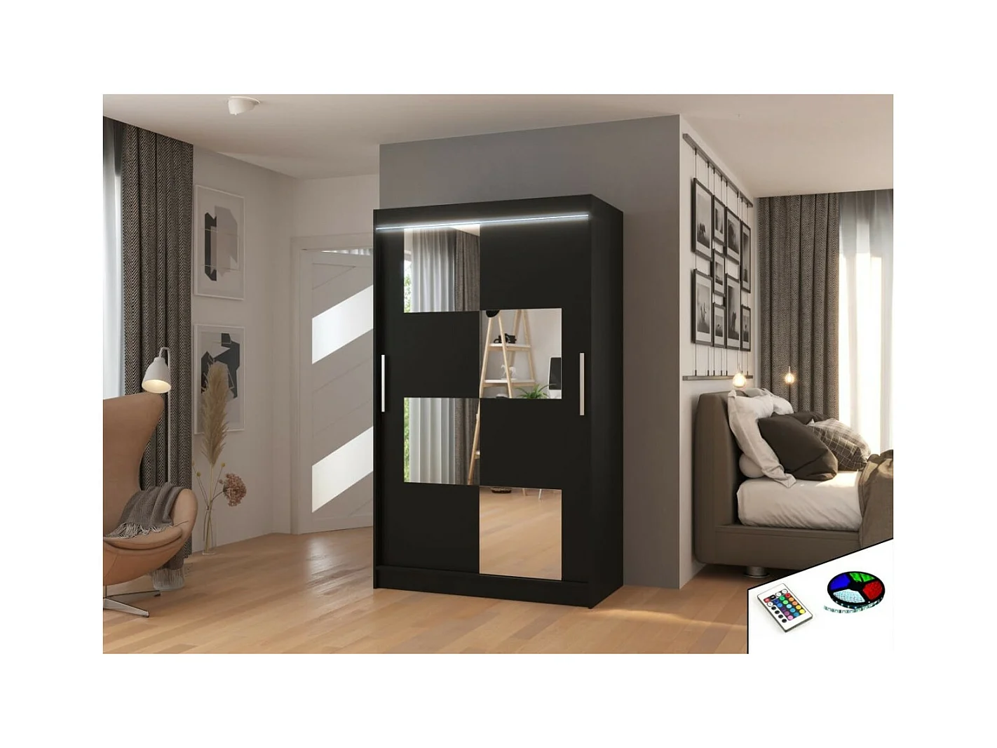 Armoire Lorano (120cm)/portes coulissantes/miroir/LED/Noir