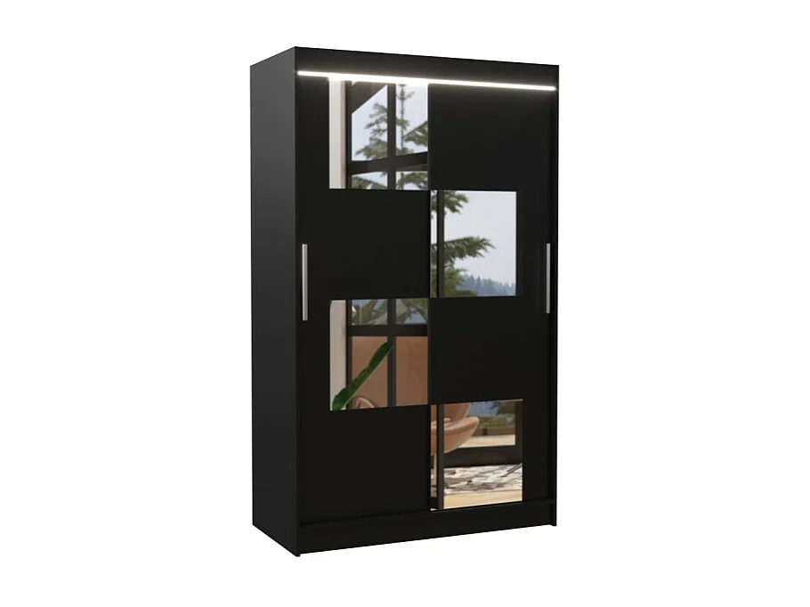 Armoire Lorano (120cm)/portes coulissantes/miroir/LED/Noir
