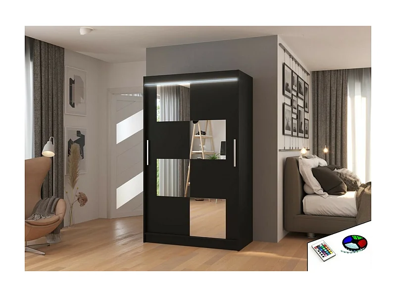Kleiderschrank Lorano (120cm)/Schiebetüren/Spiegel/LED/Schwarz