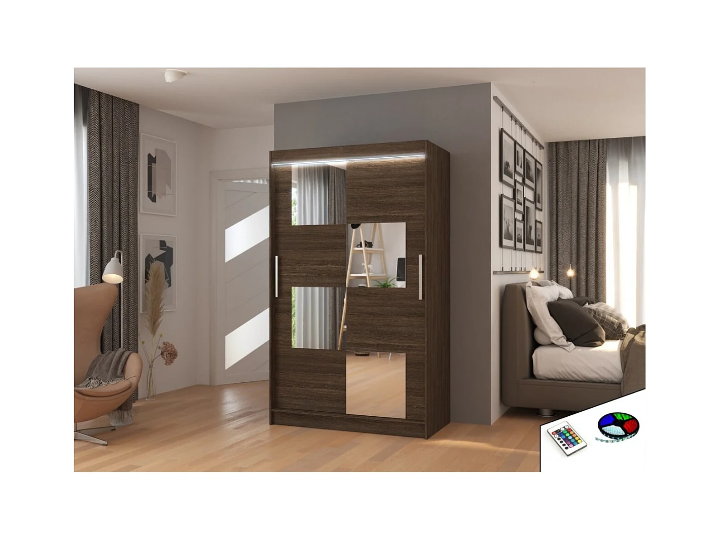 Armoire Lorano (120cm)/portes coulissantes/miroir/LED/Marron