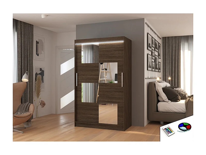 Kleiderschrank Lorano (120cm)/Schiebetüren/Spiegel/LED/Braun