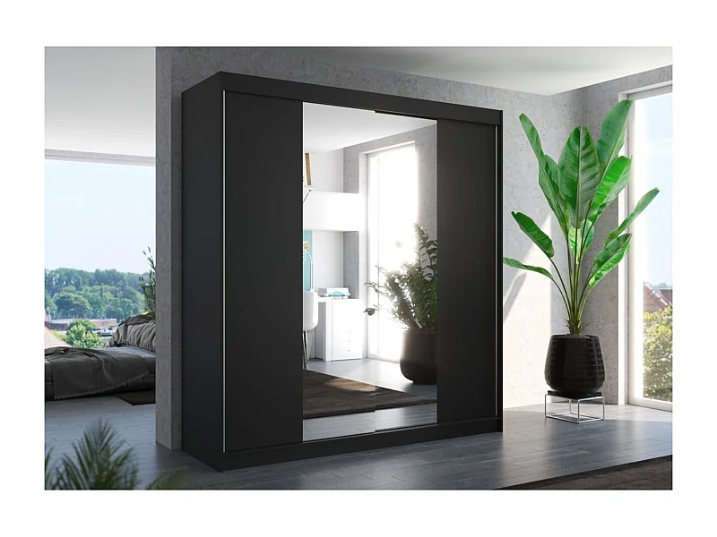 Kleiderschrank Pera(200cm)/Schiebetüren/Spiegel/Schwarz