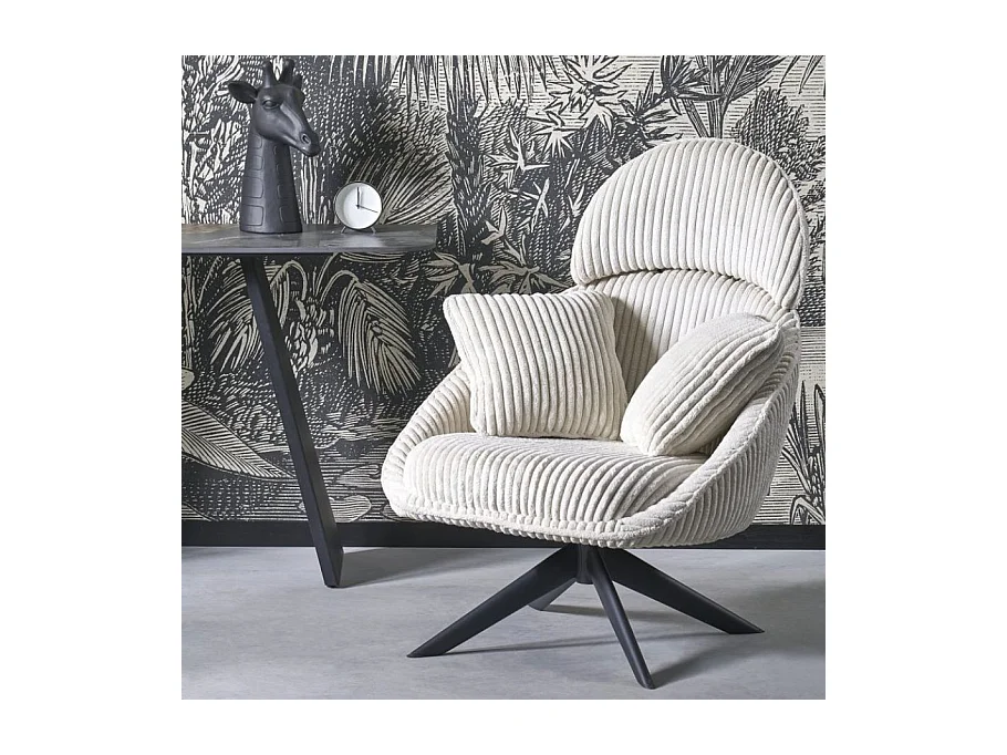Fauteuil pivotant en tissu côtelé crème + 2 coussins HELENA