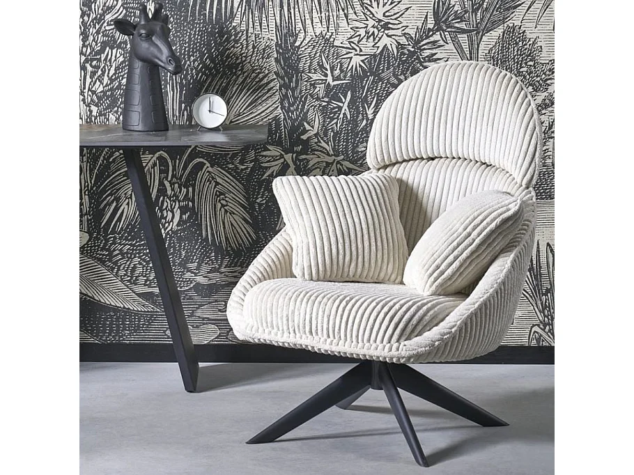 Fauteuil pivotant en tissu côtelé crème + 2 coussins HELENA