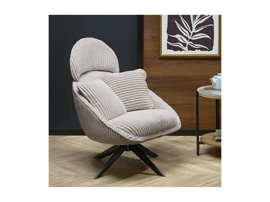 Fauteuil lounge design en tissu côtelé capuccino avec coussins HELENA