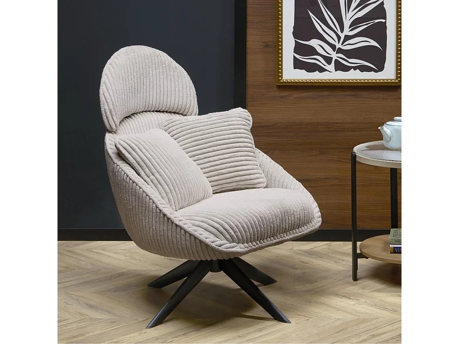 Fauteuil lounge design en tissu côtelé capuccino avec coussins HELENA