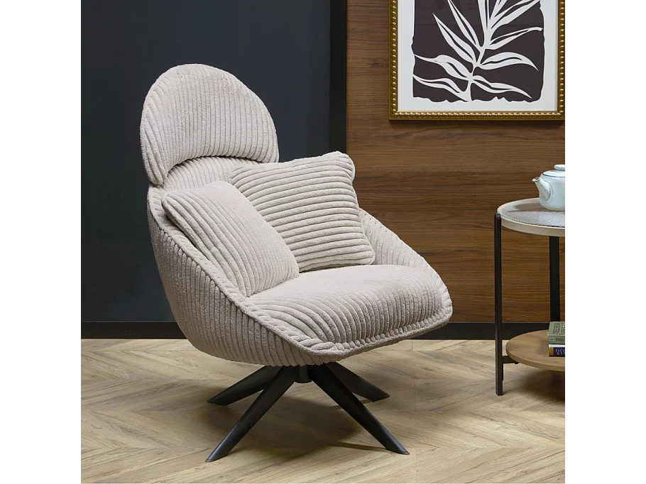 Fauteuil lounge design en tissu côtelé capuccino avec coussins HELENA