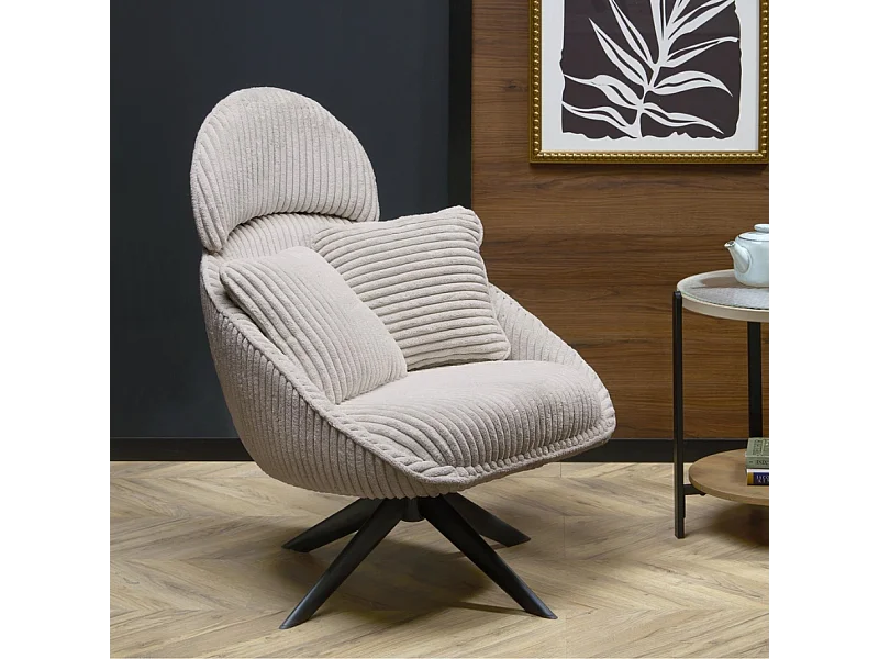 Fauteuil lounge design en tissu côtelé capuccino avec coussins HELENA