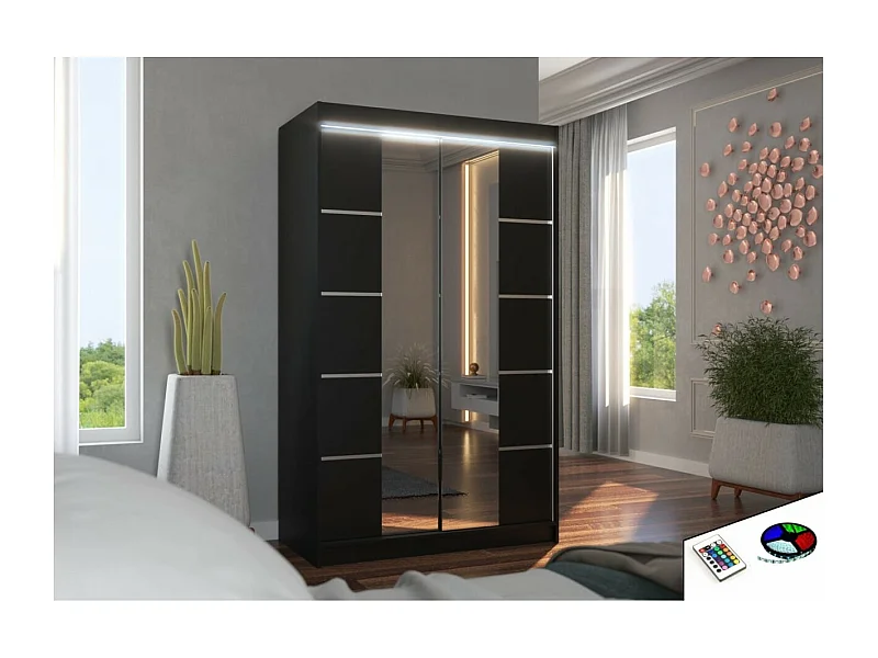Armoire Gina Lux (120cm)/portes coulissantes/miroir/LED/Noir